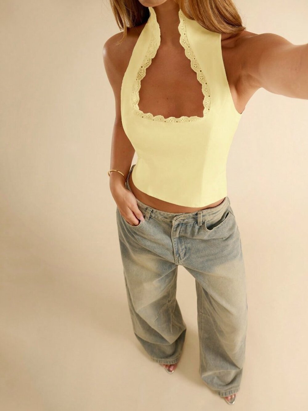 Yellow Casual Women's Sleeveless Square Neck Ruffle Trim Fitted Elegant Top